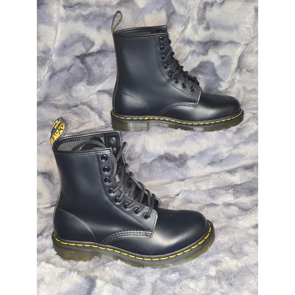 Dr. Martens Black Leather Combat Boots with Yellow Stitching